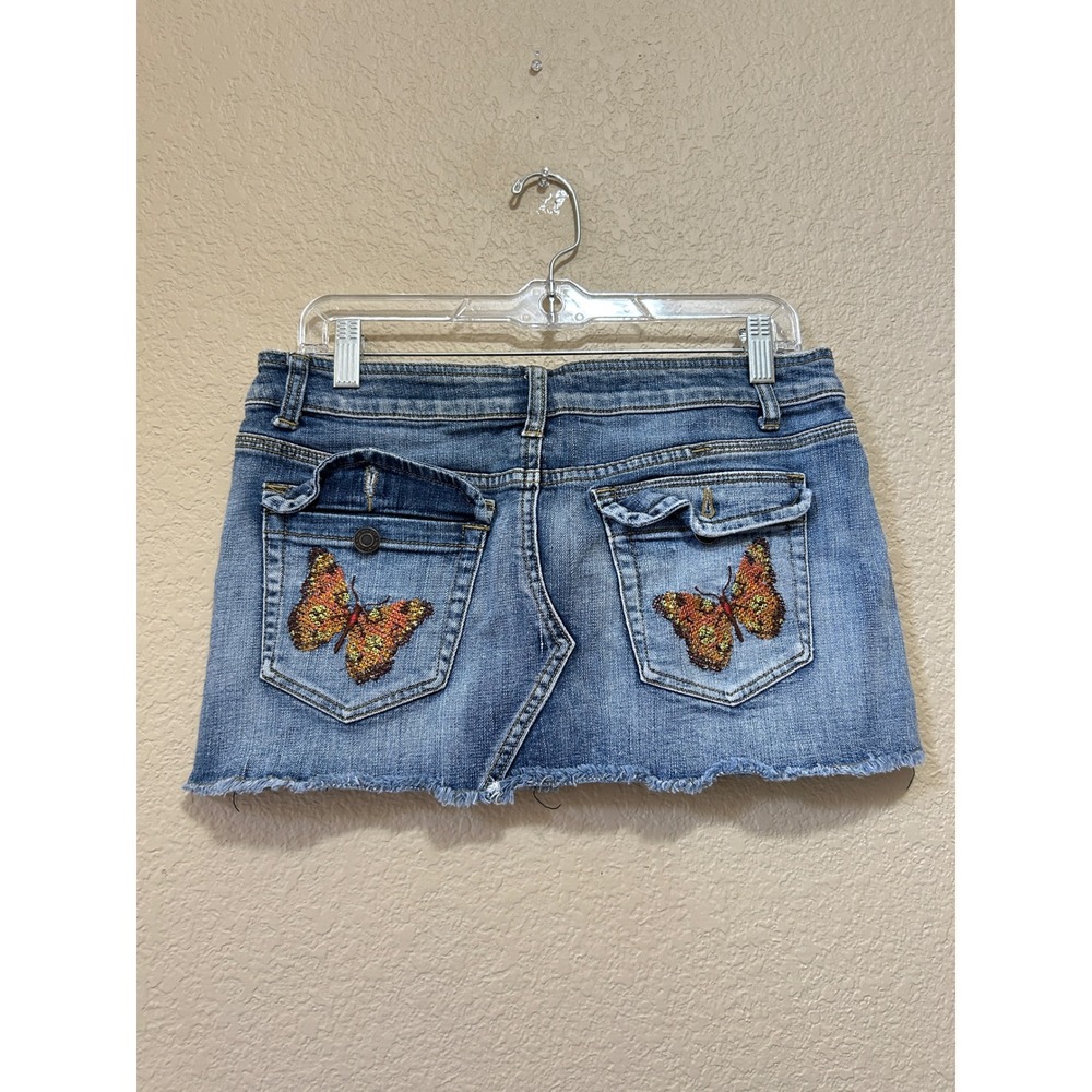 Forever 21 Size 9 Butterfly Denim Mini Skirt Light Wash Y2K Vintage Raw Hem